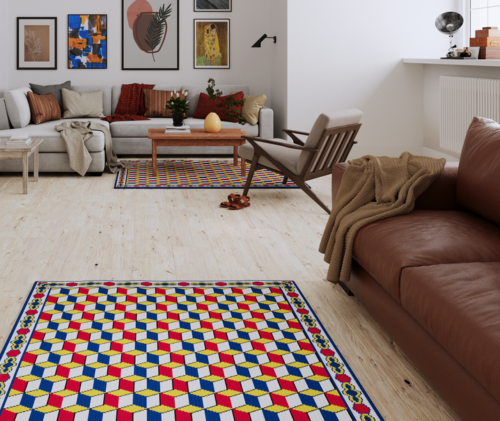 Sala moderna com tapetes de arraiolos, sofás confortáveis e decoração acolhedora.