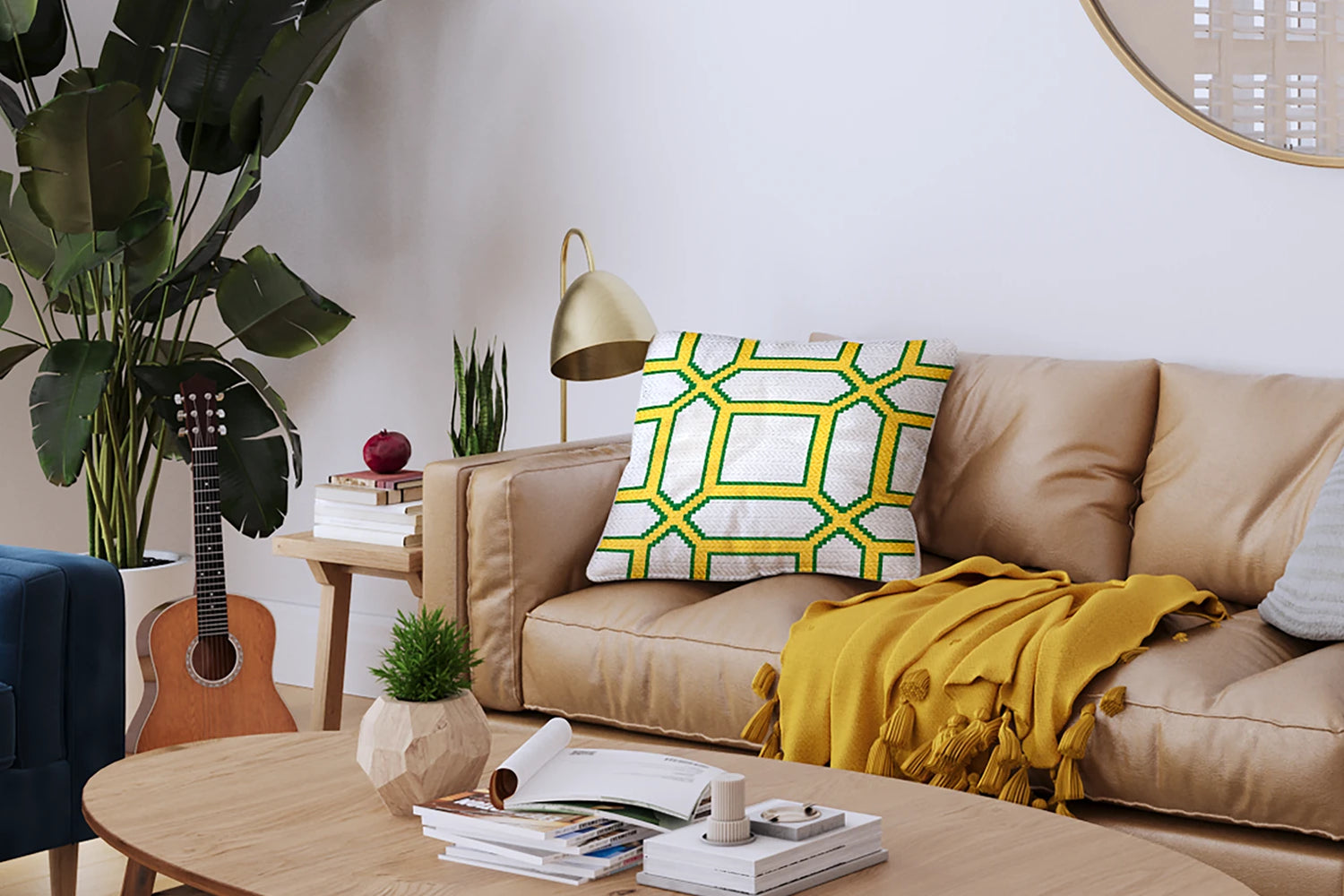 Sala acolhedora com sofá bege, almofada geométrica verde e amarela, manta mostarda e decoração natural.